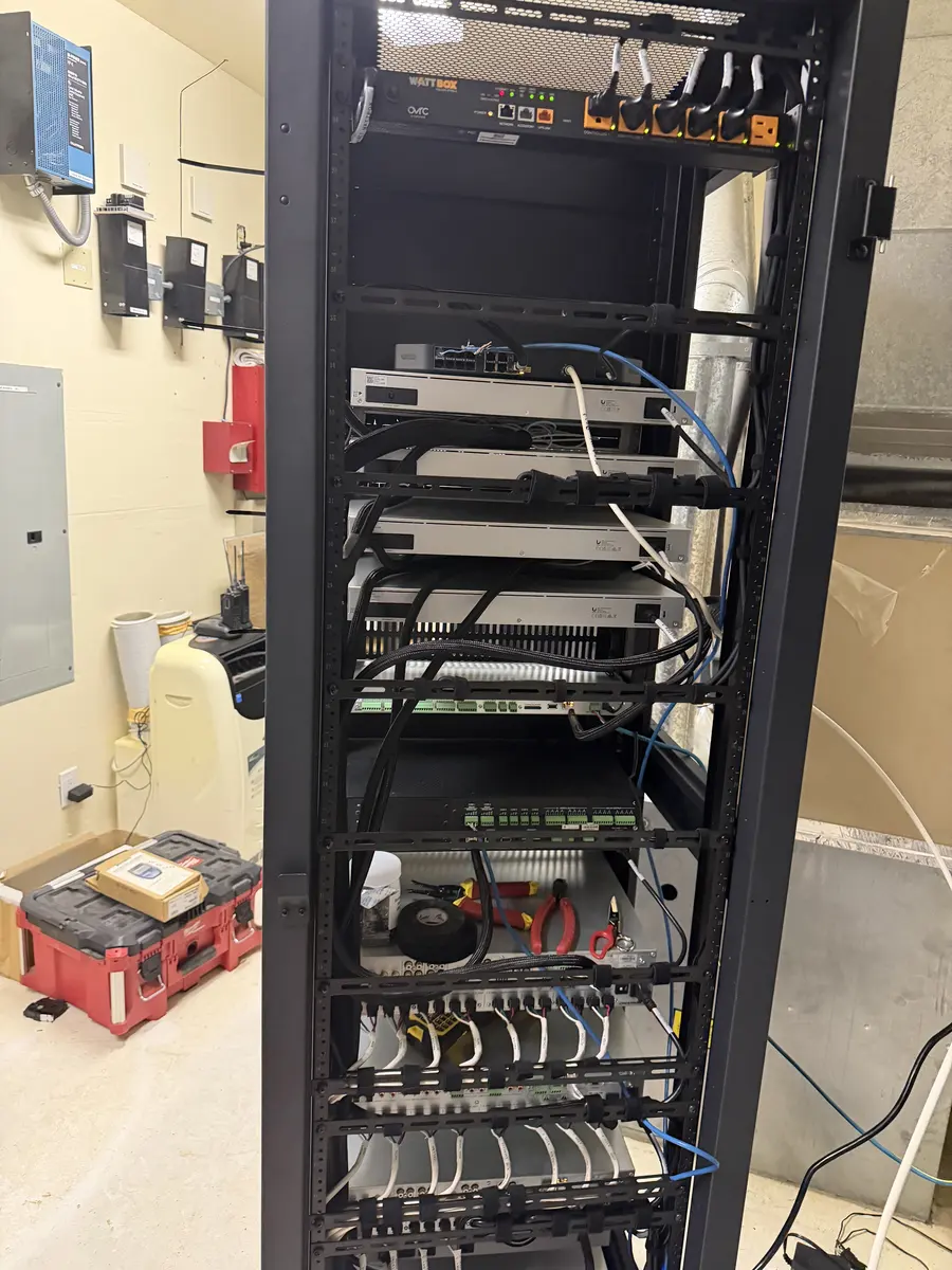 The rack's cable spine taking shape.
